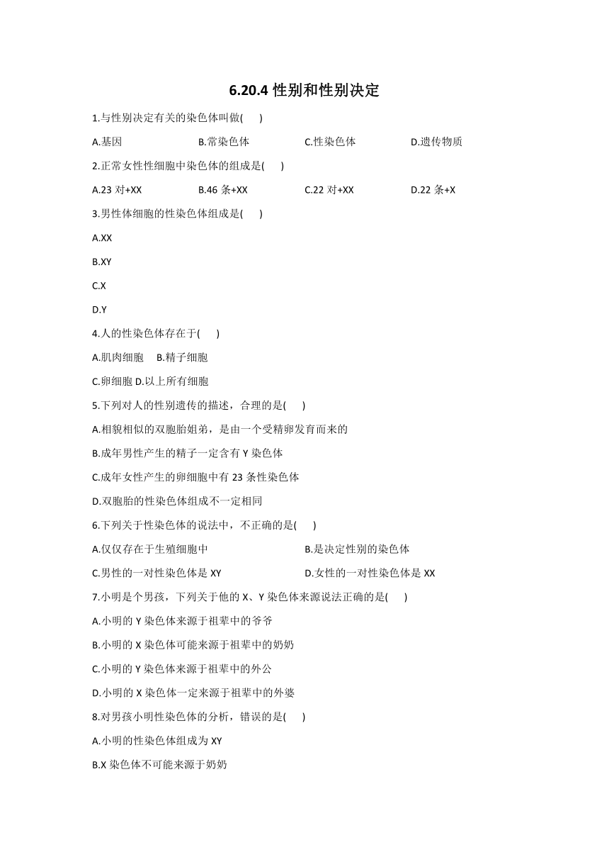 6.20.4性别和性别决定（word版含解析）2021-2022学年北师大版八年级生物上册课后10分钟