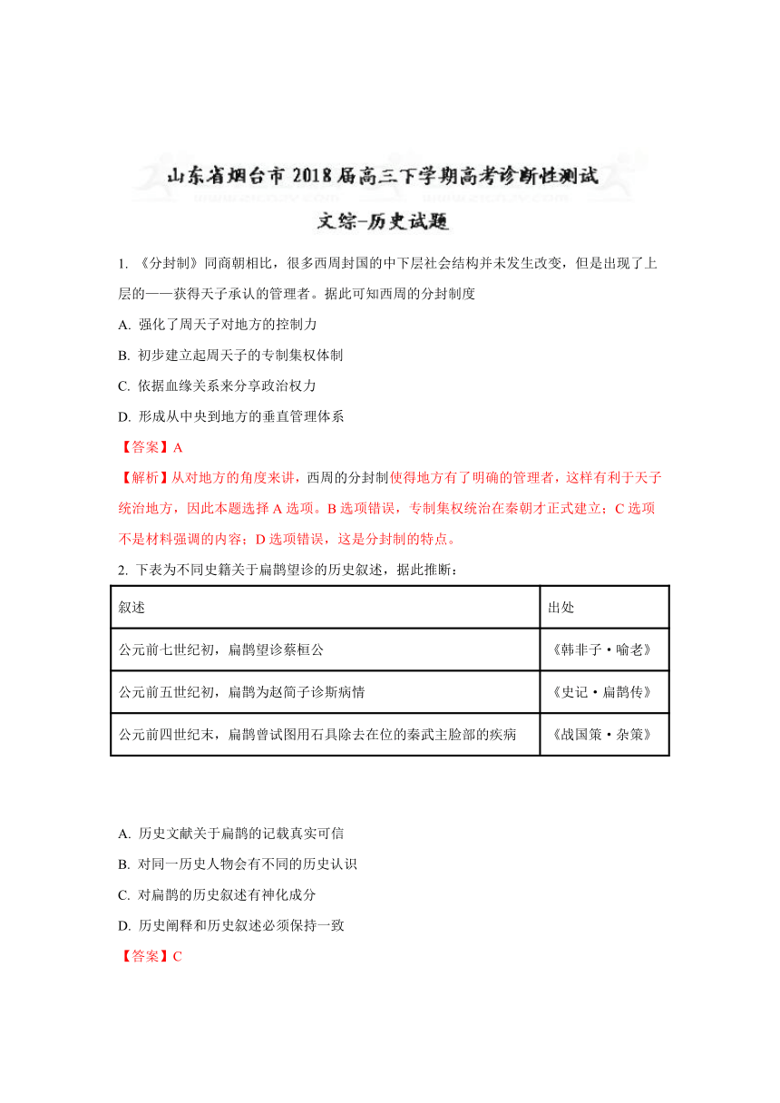 【解析版】山东省烟台市2018届高三下学期高考诊断性测试文综历史试题