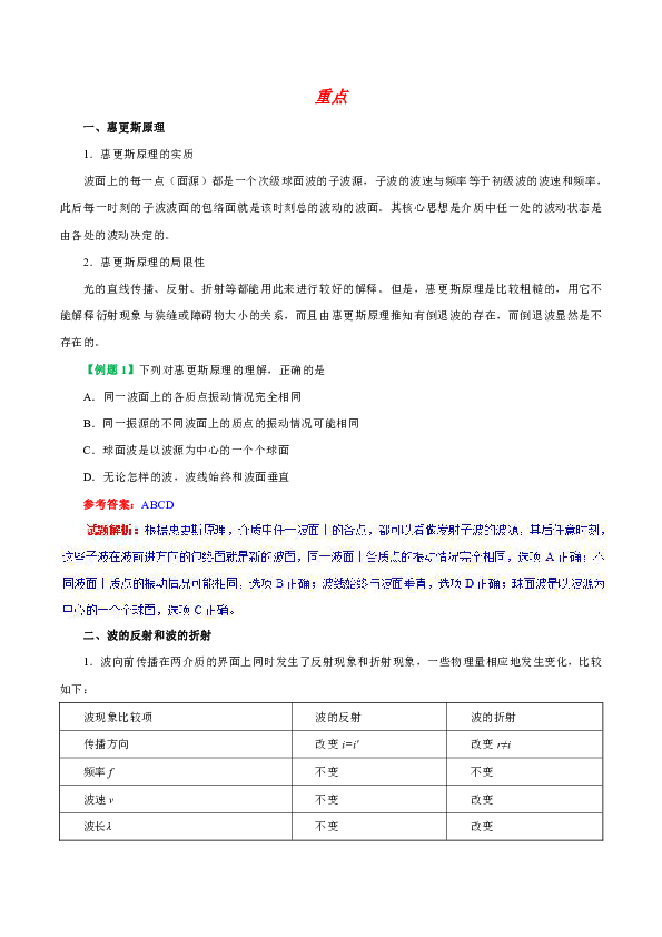 人教版高中物理选修3-4知识讲解，巩固练习（教学资料，补习资料）：专题12.6 惠更斯原理