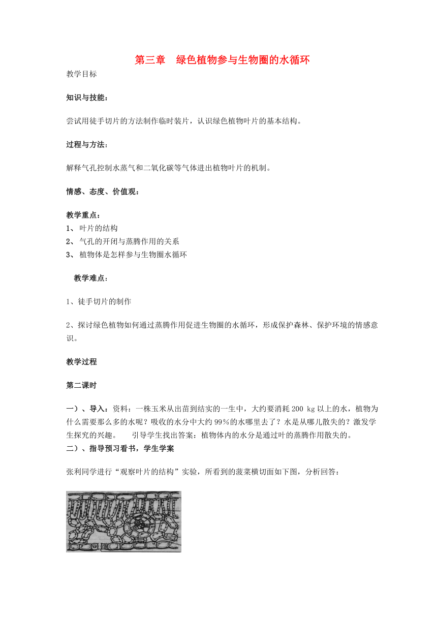 湖南省益阳市第六中学初中部七年级生物上册 第3单元 第3章 绿色植物与生物圈的水循环教案2 （新版）新人教版