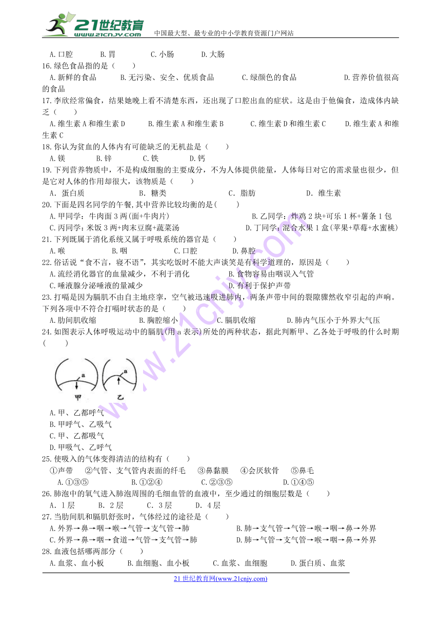 云南省中央民大附中芒市国际学校2017-2018学年七年级下学期期中考试生物试卷（考试范围：第一章至第四章）