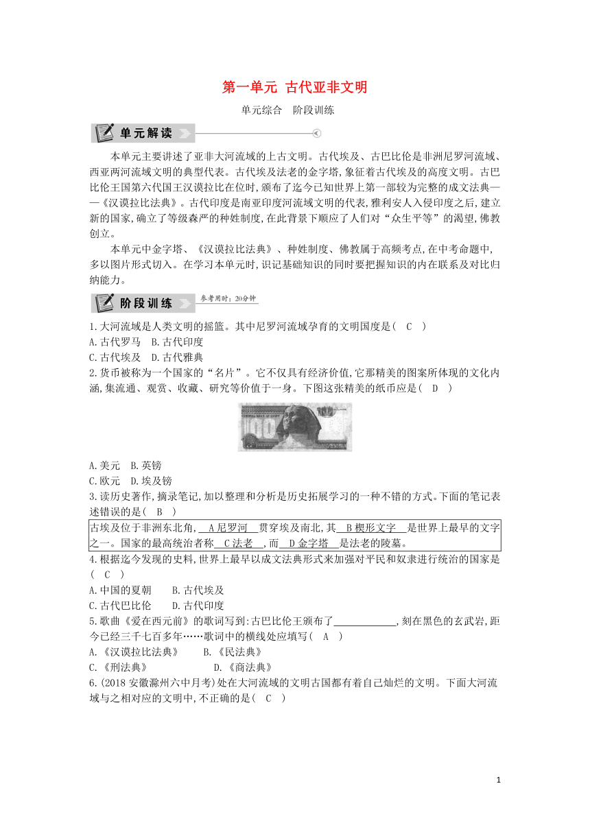 2018年九年级历史上册第一单元古代亚非文明阶段训练