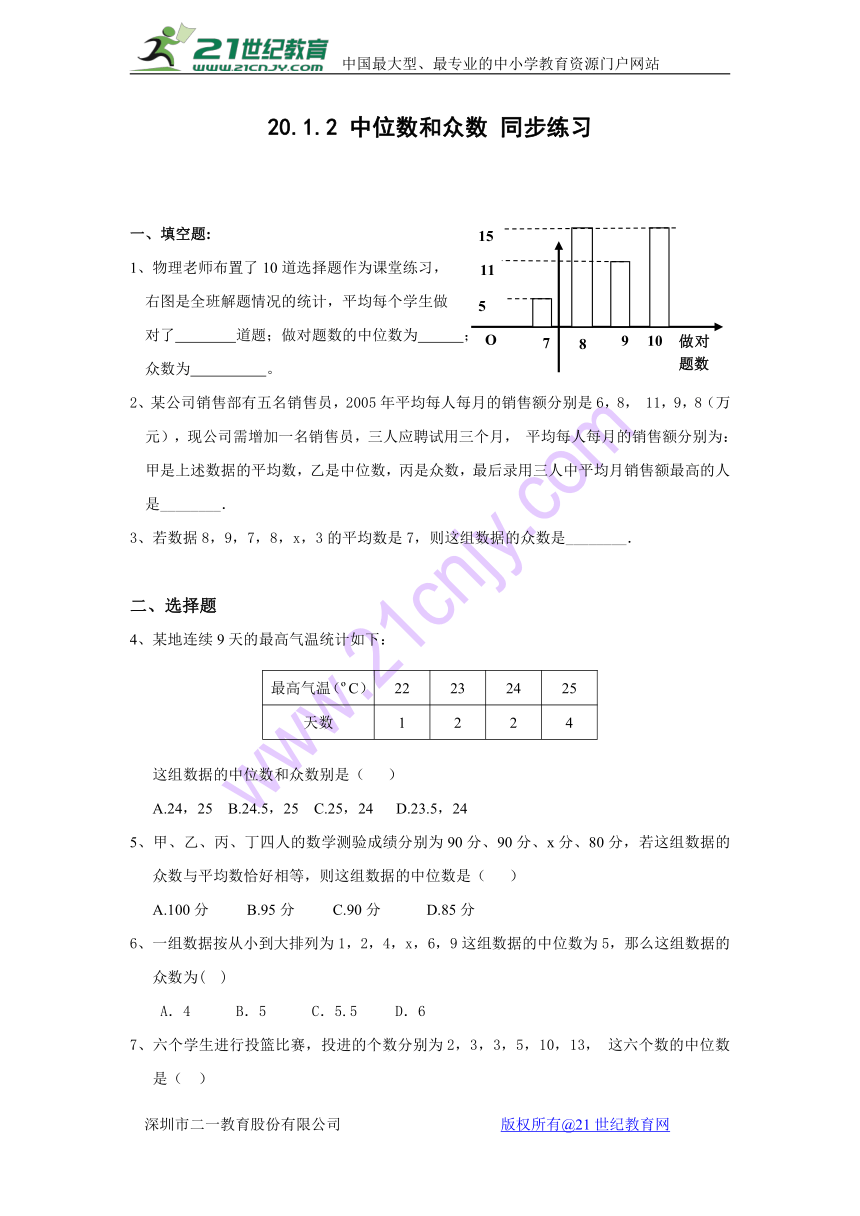 20.1.2 中位数和众数同步练习1（含答案）