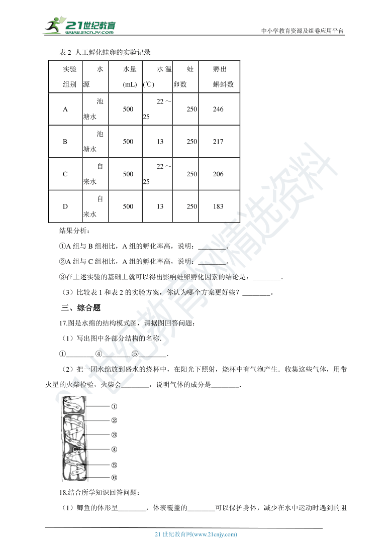 苏科版2021初中生物七下5.10 水中的生物 章末检测（含解析）