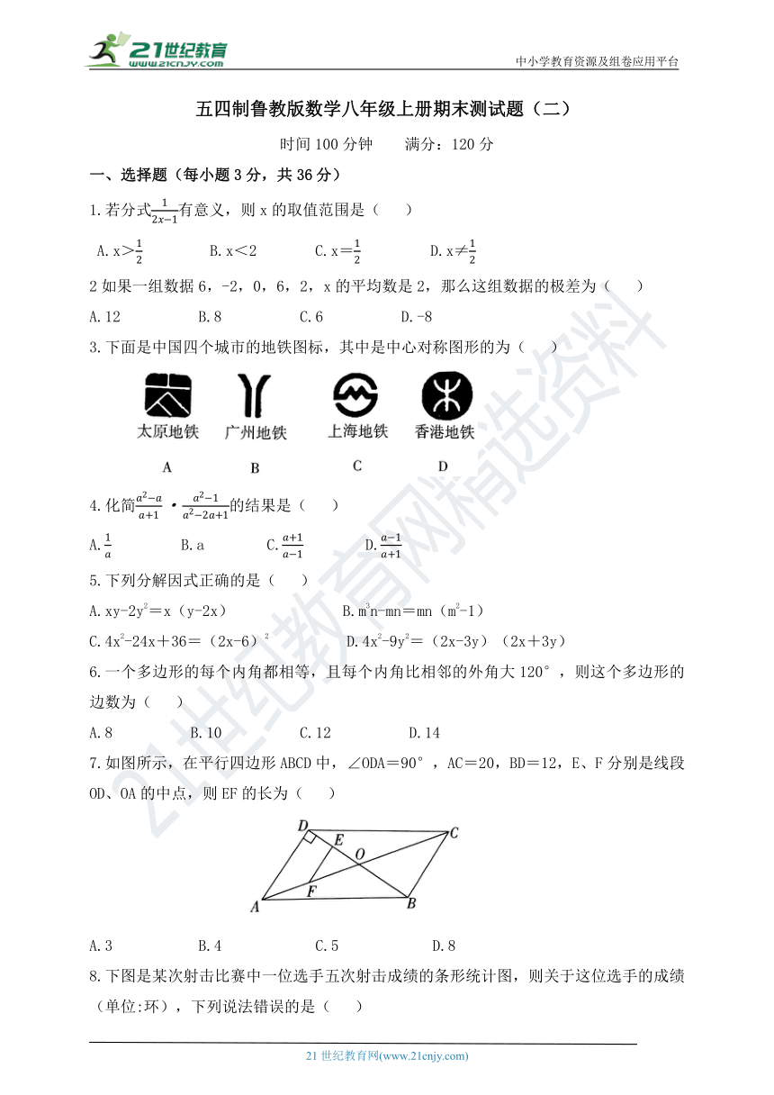 五四制鲁教版数学八年级上册 期末测试题（二）（含答案）