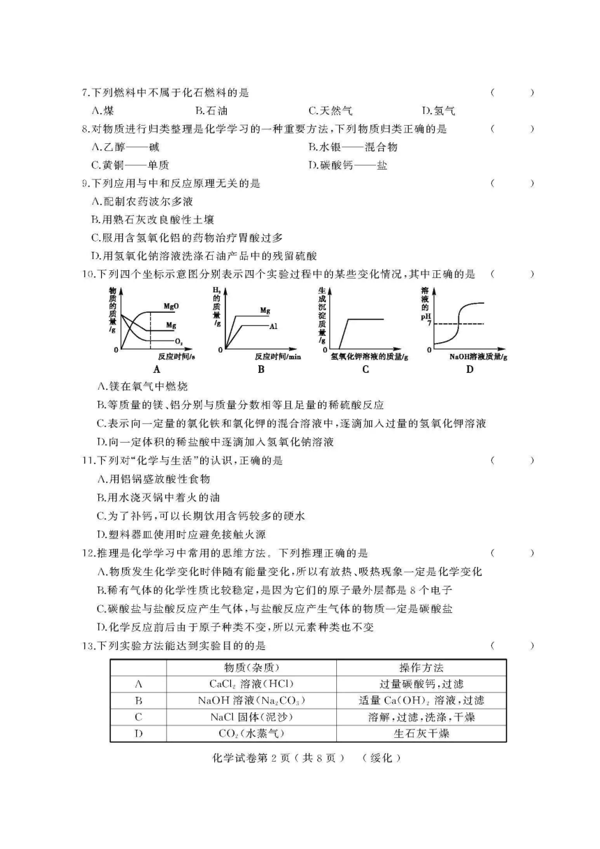 黑龙江省绥化市2018届九年级化学升学模拟大考卷（二）（扫描版）