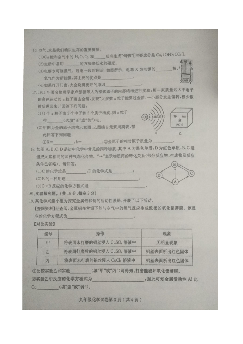 河北邯郸大名中学2020——2021学年第一学期九年级期末考试化学试卷（含答案）