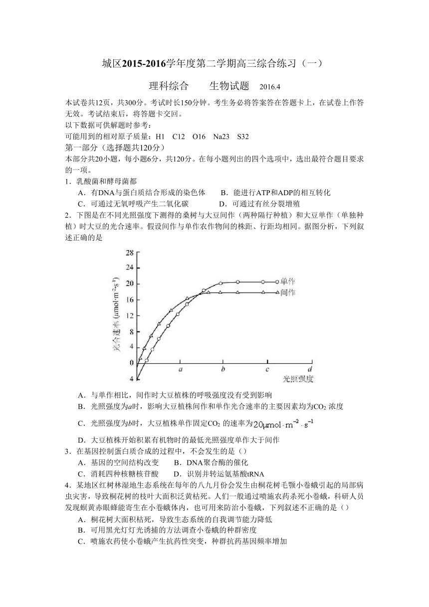 北京市东城区2016届高三第二学期综合练习（一）理综生物试题（WORD版，含图片解析）