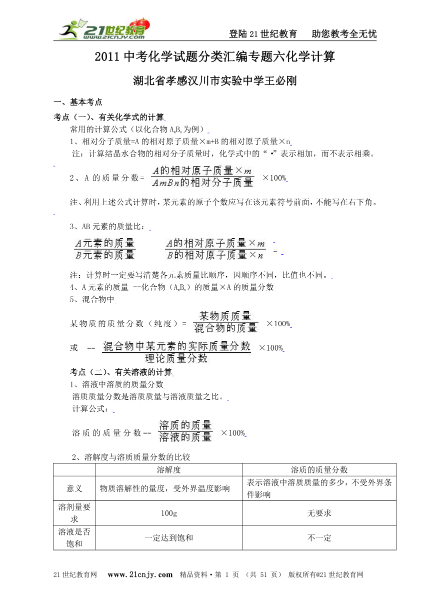 2011中考化学试题分类汇编专题六化学计算