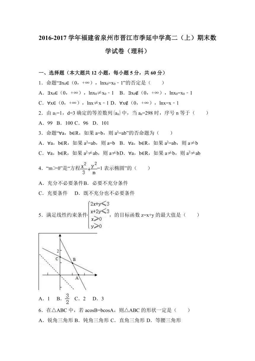 福建省泉州市晋江市季延中学2016-2017学年高二（上）期末数学试卷（理科）（解析版）