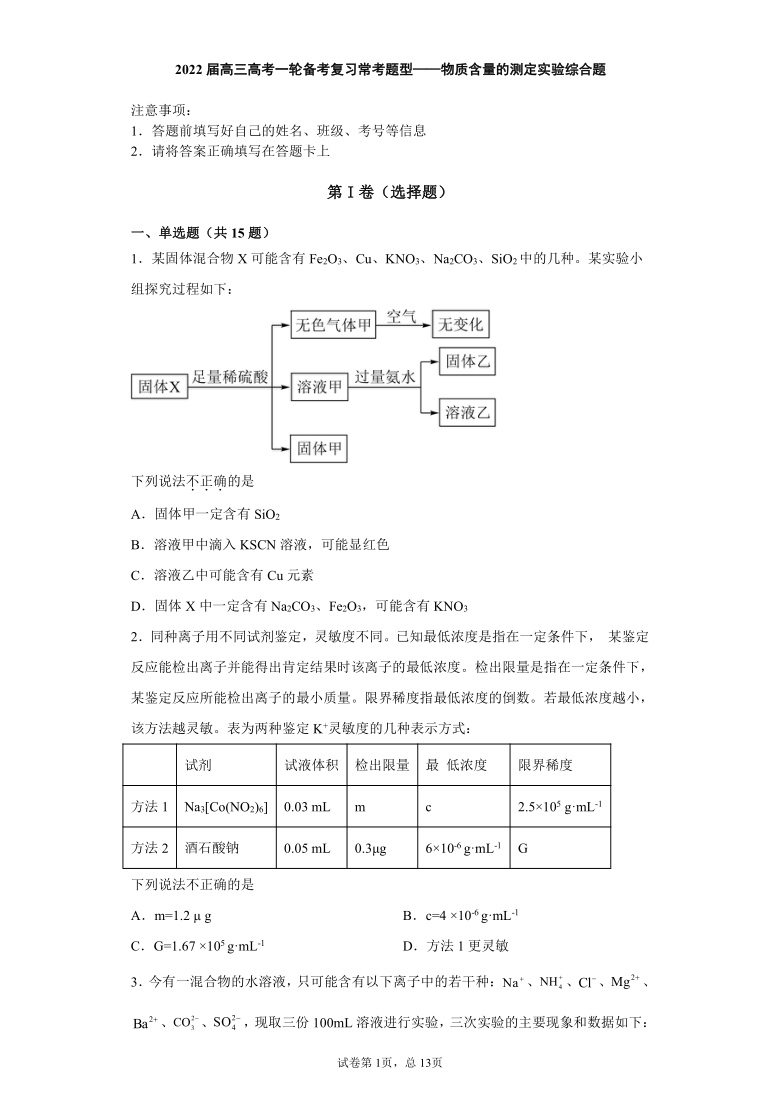 2022届高三高考一轮备考复习常考题型——物质含量的测定实验综合题（含解析）