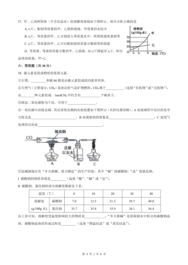 上海市虹口区2021年九年级化学下学期二模试卷及答案（PDF）