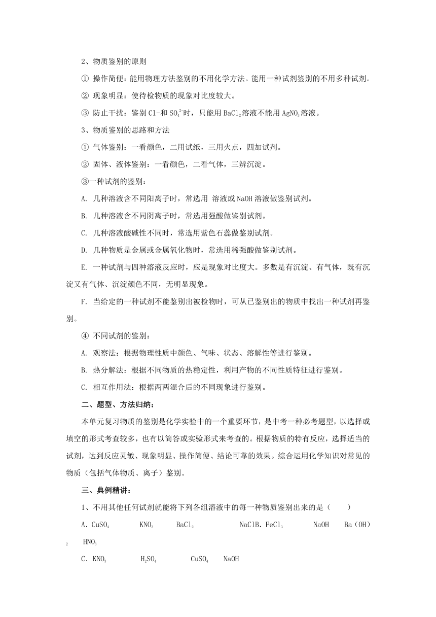 2017届中考化学复习专题突破学案：专题2 常见物质的鉴别方法