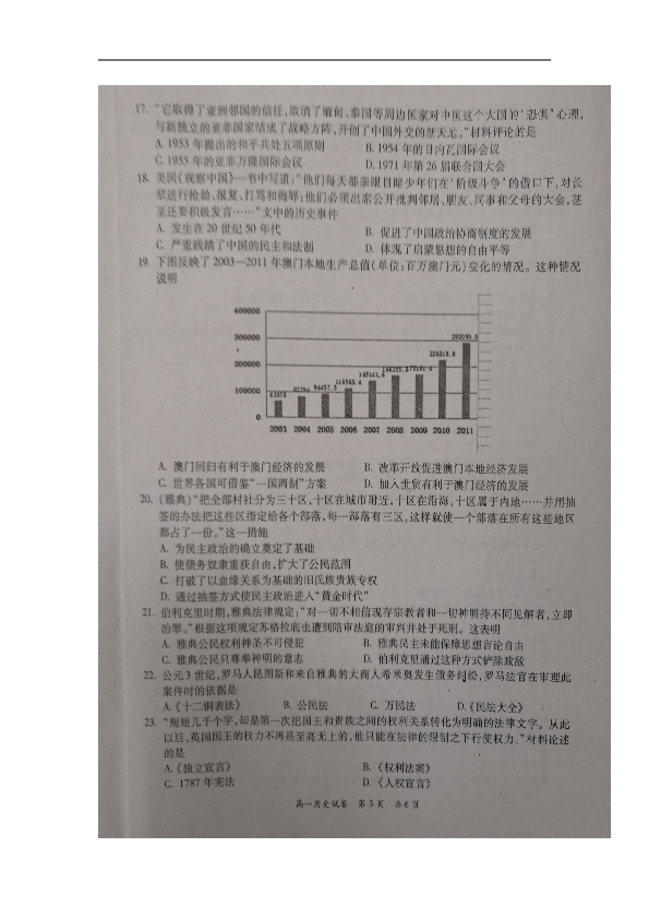 广东省梅州市2018-2019学年高一上学期期末考试历史试题+扫描版含答案