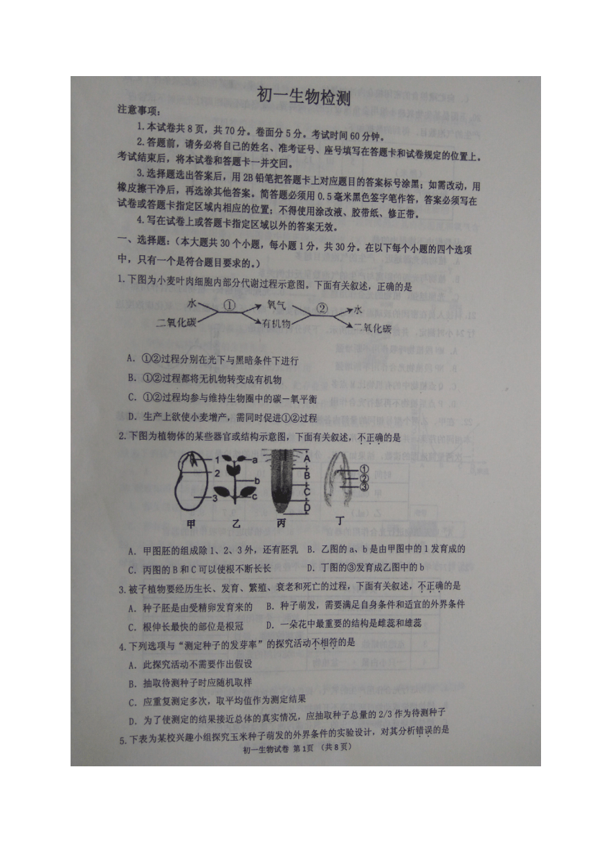 山东省威海市乳山市2016-2017学年六年级（五四学制）下学期期末考试生物试题（图片版，无答案）