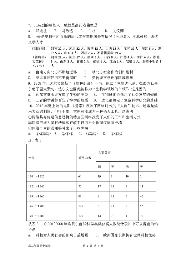 广东省深圳市耀华实验学校2018-2019学年高二上学期期中考试历史试题（实验班，PDF版，含答案）