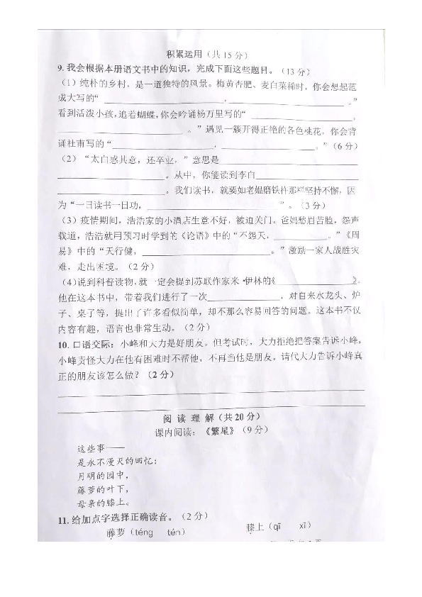 湖南省娄底市娄星区2019-2020学年第二学期期末文化检测四年级语文试题（图片版，无答案）