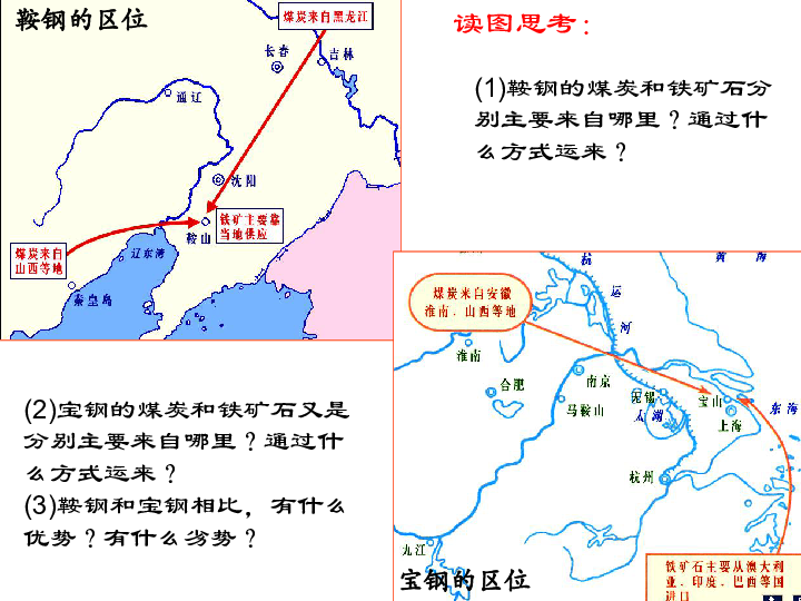 3 工业区位因素与工业地域联系鞍钢的区位宝钢的区位(1)鞍钢的煤炭和