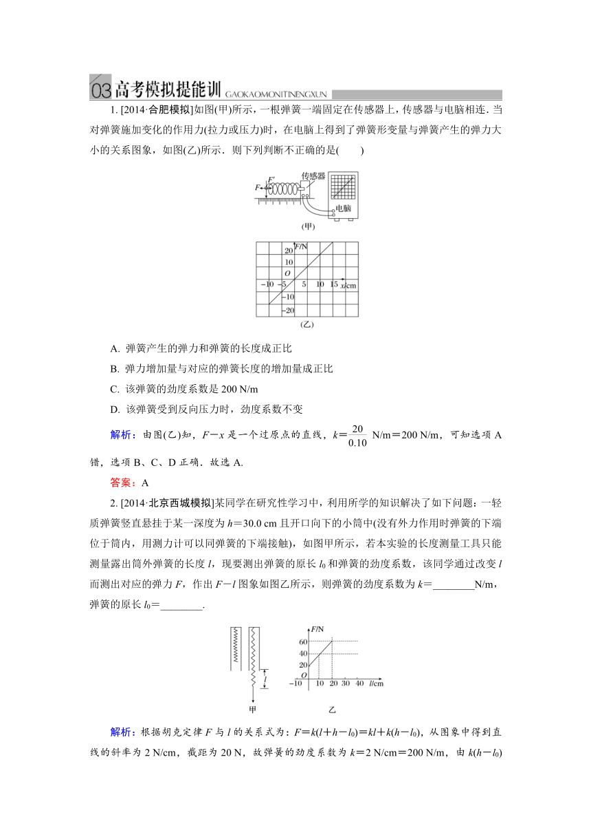 2015届《金版教程》高考物理大一轮总复习实验专题配套高考模拟提能训：实验二 探究弹力和弹簧伸长的关系（含解析）