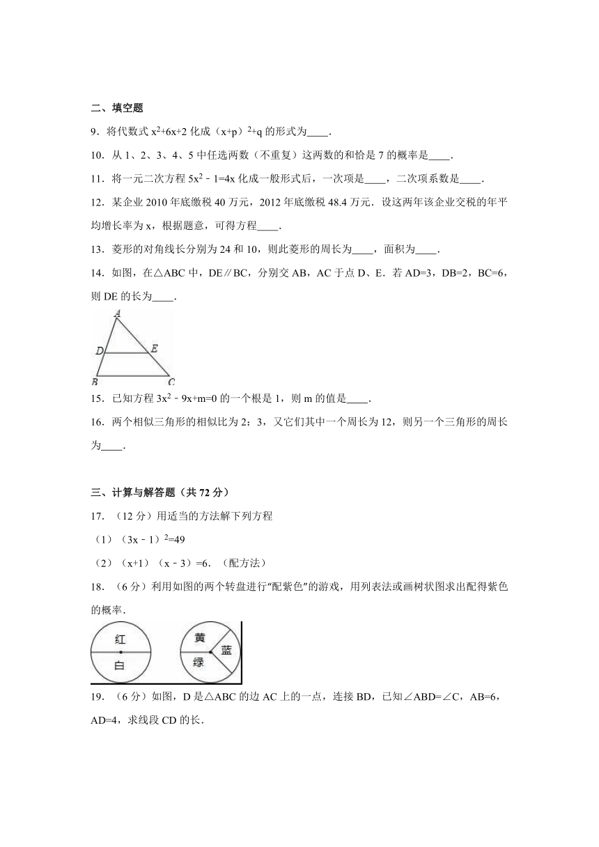 宁夏银川2015-2016学年九年级上期中数学试卷含答案解析