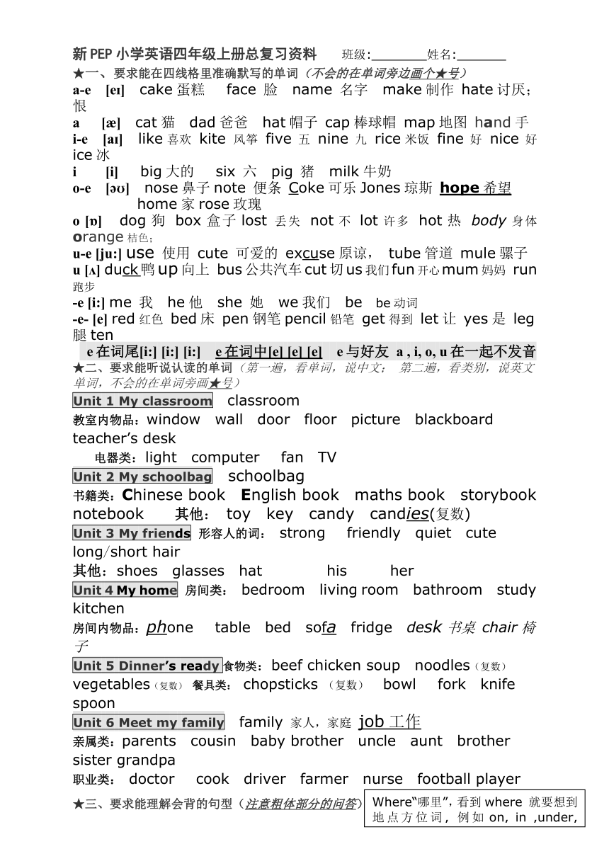 人教版(PEP)小学英语四年级上册总复习资料