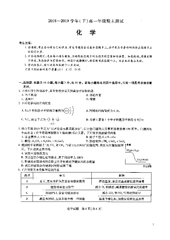 河南省十所重点名校2018-2019学年高一下学期期末考试化学试题（扫描版）