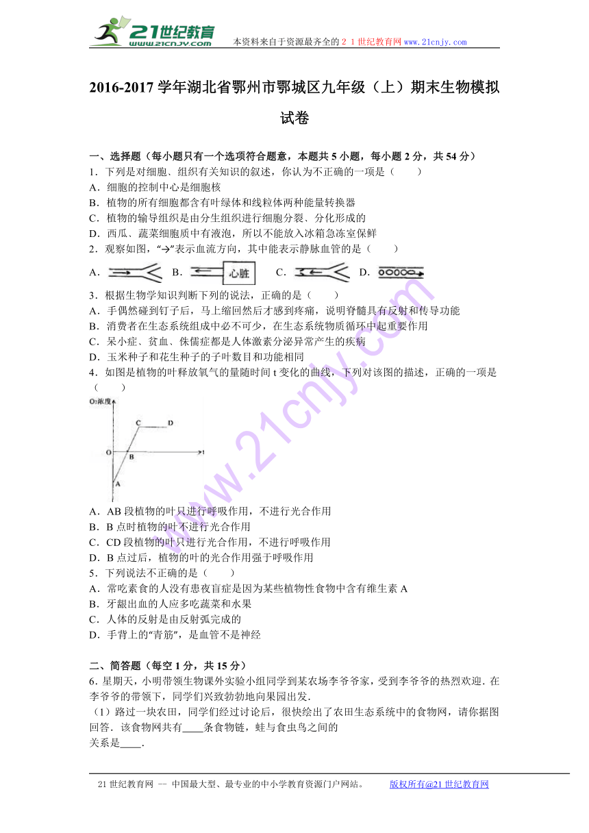 湖北省鄂州市鄂城区2017届九年级（上）期末生物模拟试卷（解析版）