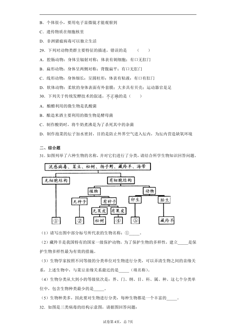 陕西省延安市富县2020-2021学年八年级上学期期末生物试题（word版含解析）