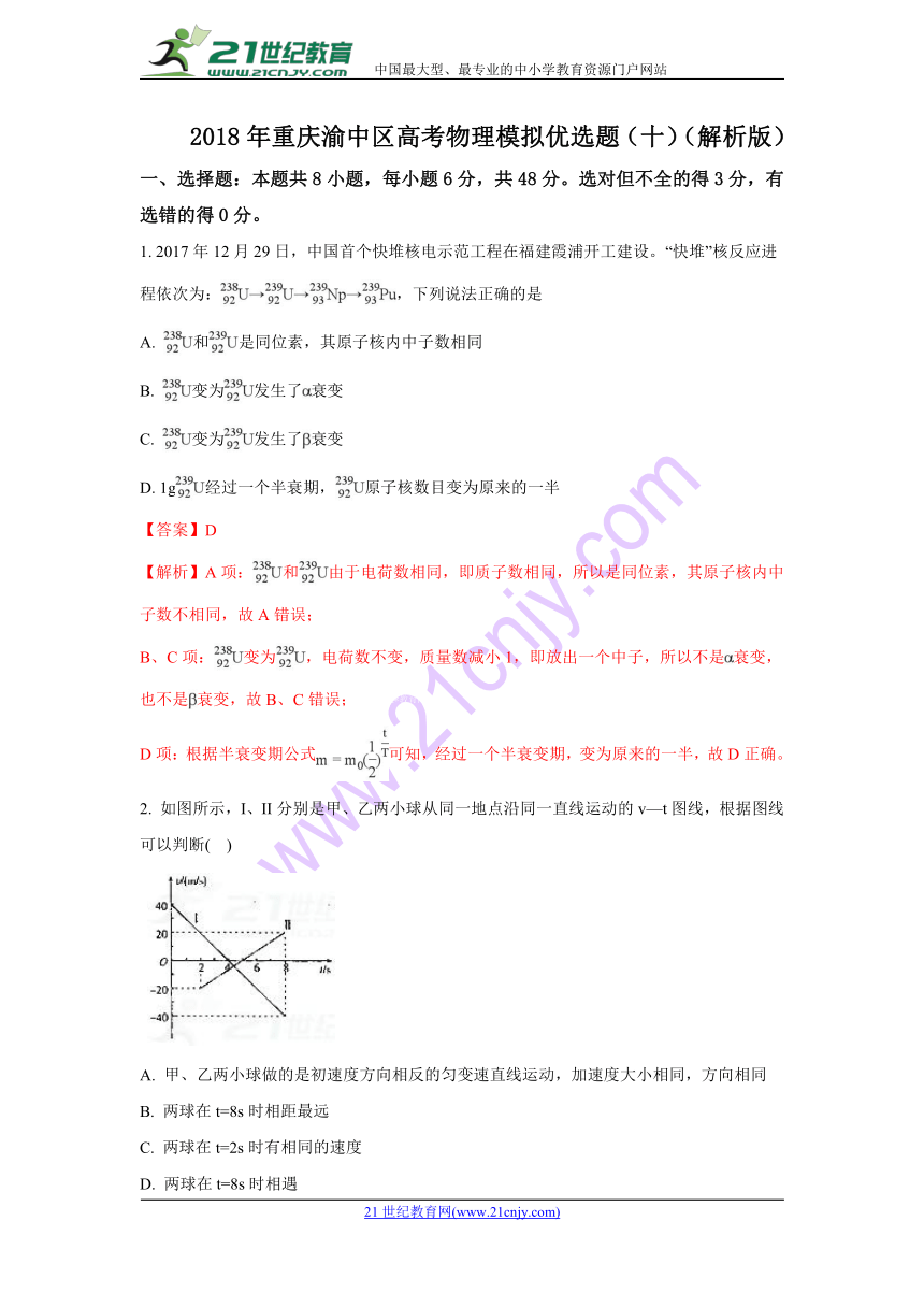 2018年重庆渝中区高考物理模拟优选题（十）（解析版）