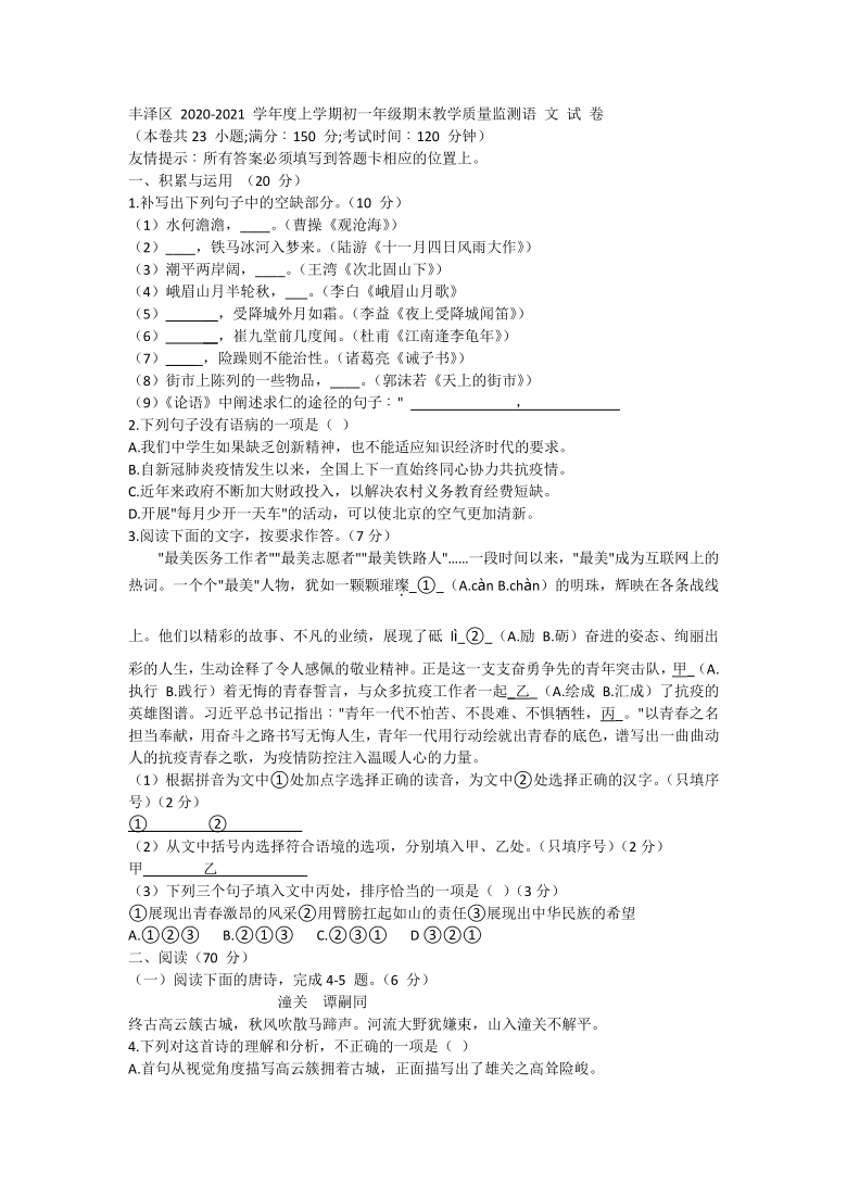 福建省泉州市丰泽区2020-2021学年七年级上学期期末考试语文试题（含答案）