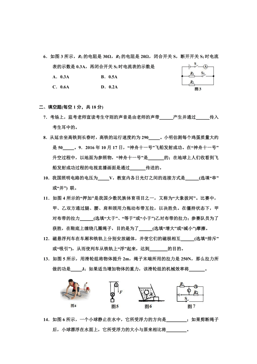 人教版初中物理吉林省延边州2016-2017学年九年级下学期中考适应性考试物理试卷