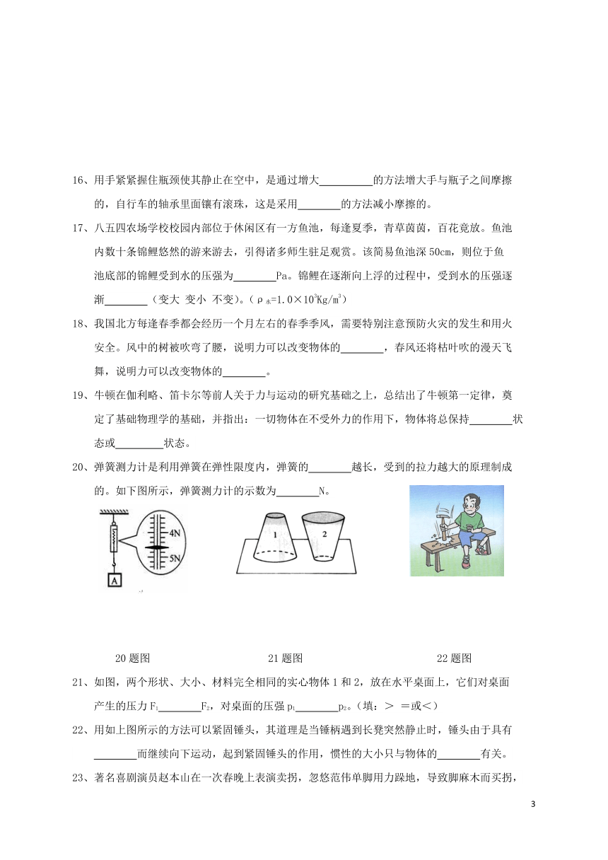 黑龙江省八五二农场中学2017_2018学年八年级物理下学期期中试题