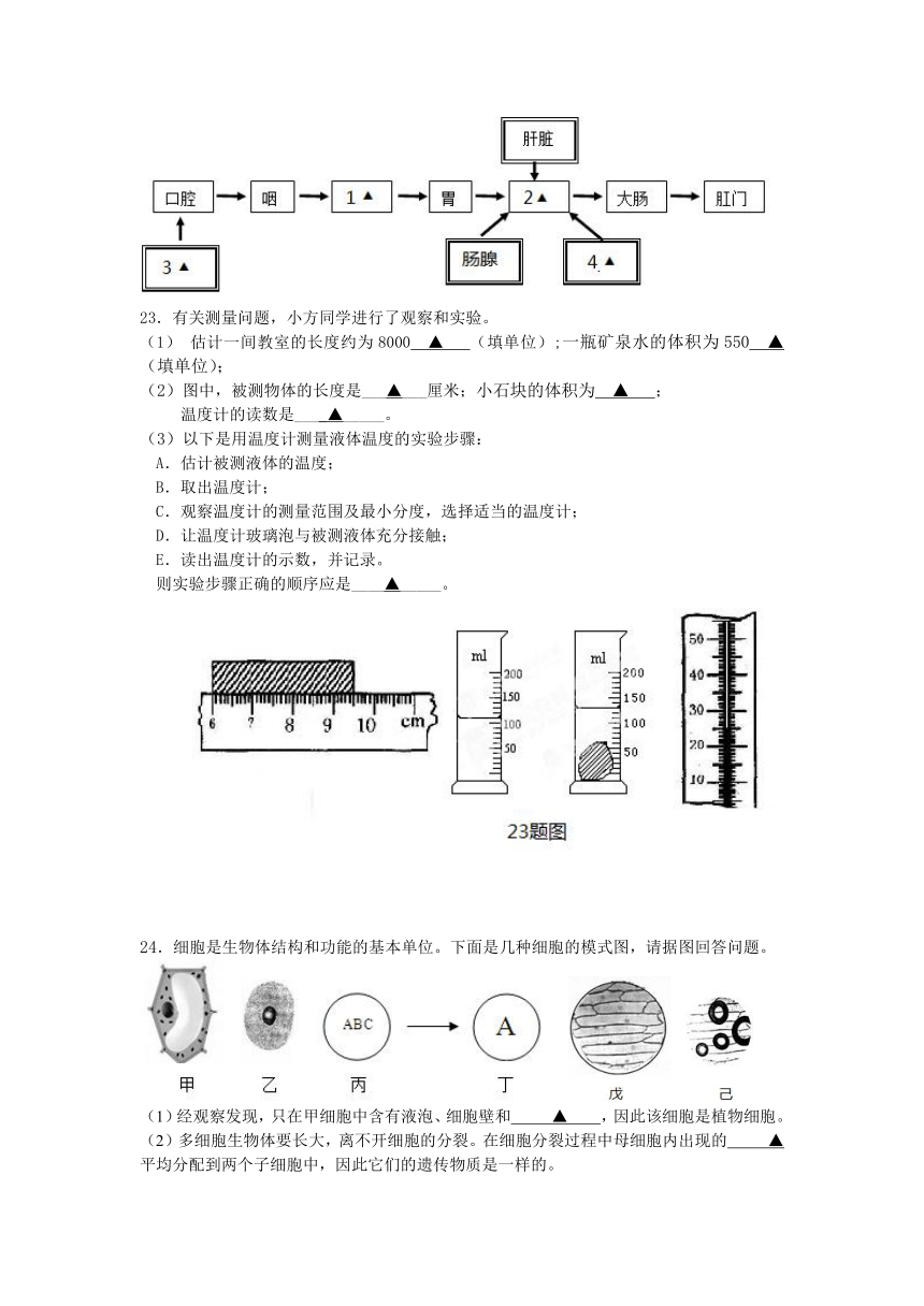 杭州市上城区四校2015-2016学年七年级上学期期中联考科学试题卷（到第2章结束）