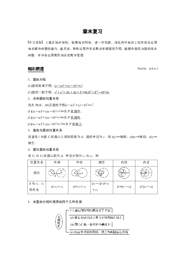 新人教A版必修二第四章圆与方程  章末复习导学案