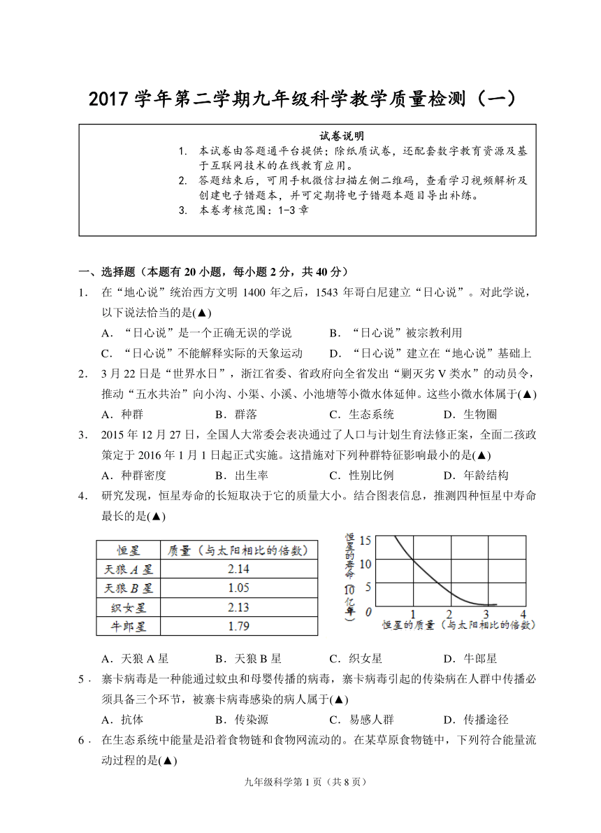 浙江省嘉兴市2018届九年级下学期第一次教学质量检测科学试题（到第2章结束）（PDF版）