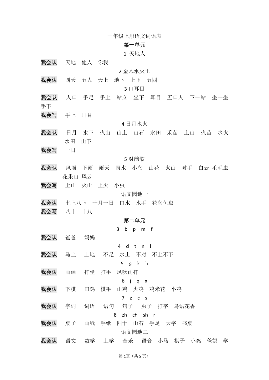 部编版一年级上册语文18单元词语表汇总