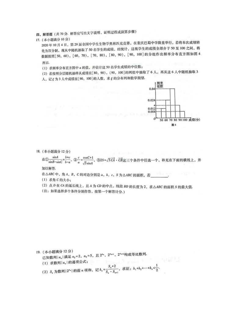 巴蜀中学2021届高考适应性月考卷（四）数学（图片版含答案解析）