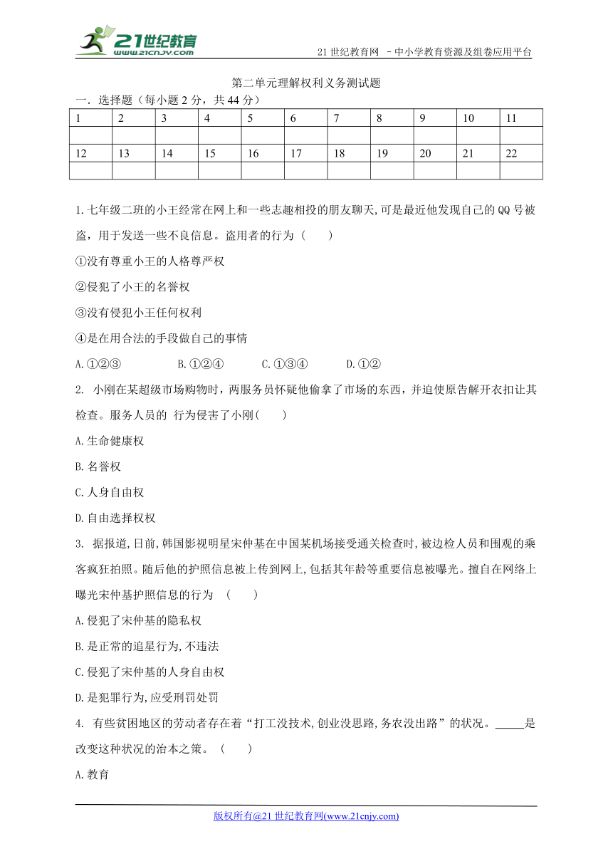 八年级下册第二单元理解权利义务测试题