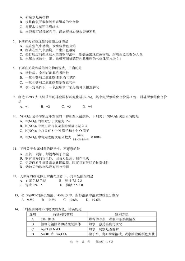 2020年广州市名校初中毕业班化学模拟测试（一）（含答案）