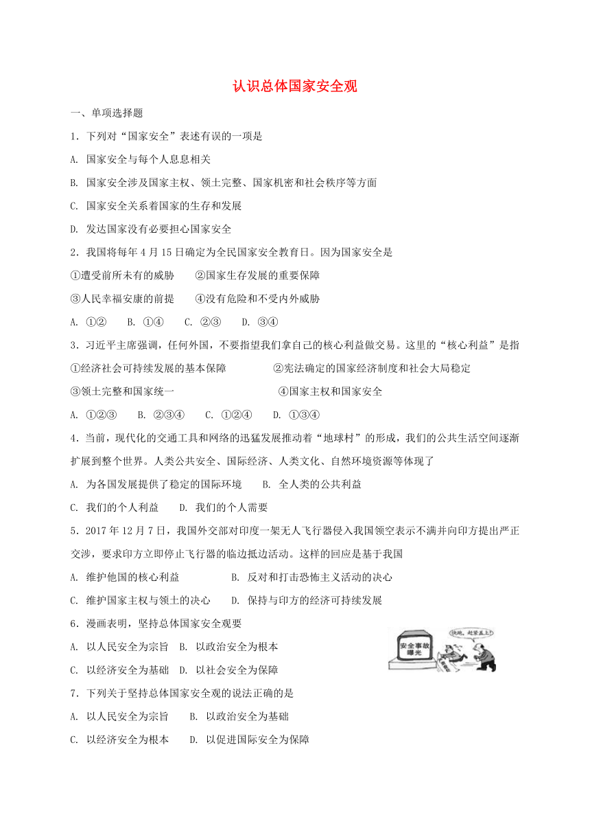 9.1认识总体国家安全观课时练习（含答案）