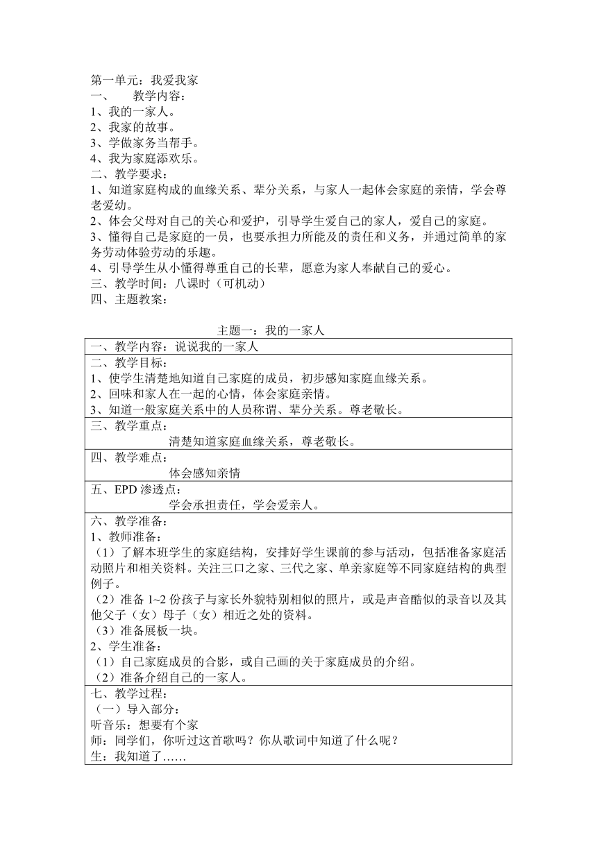 一年级下品德与生活教案-我的一家人_人教新课标