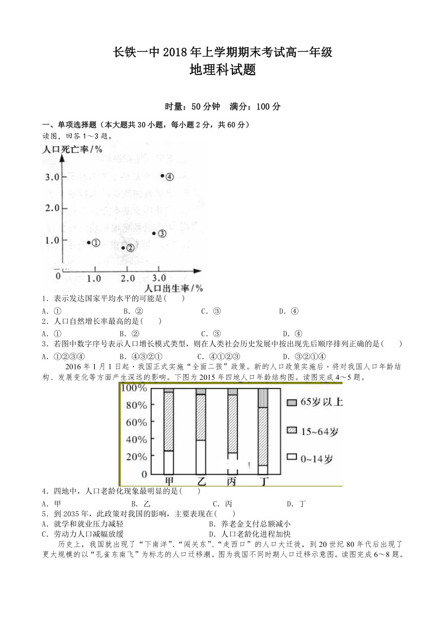 湖南省长沙市铁路一中2017-2018学年高一年级下学期（2018年上）期末考试地理试卷 Word版含答案