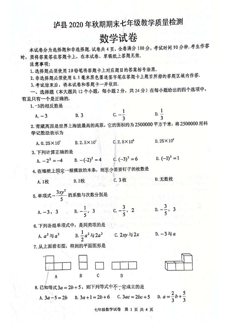 四川省泸县2020-2021学年七年级上学期期末教学质量检测数学试题（PDF有答案）