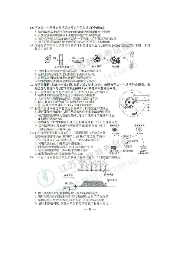 2019年江苏生物高考真题试卷（图片版，含答案）