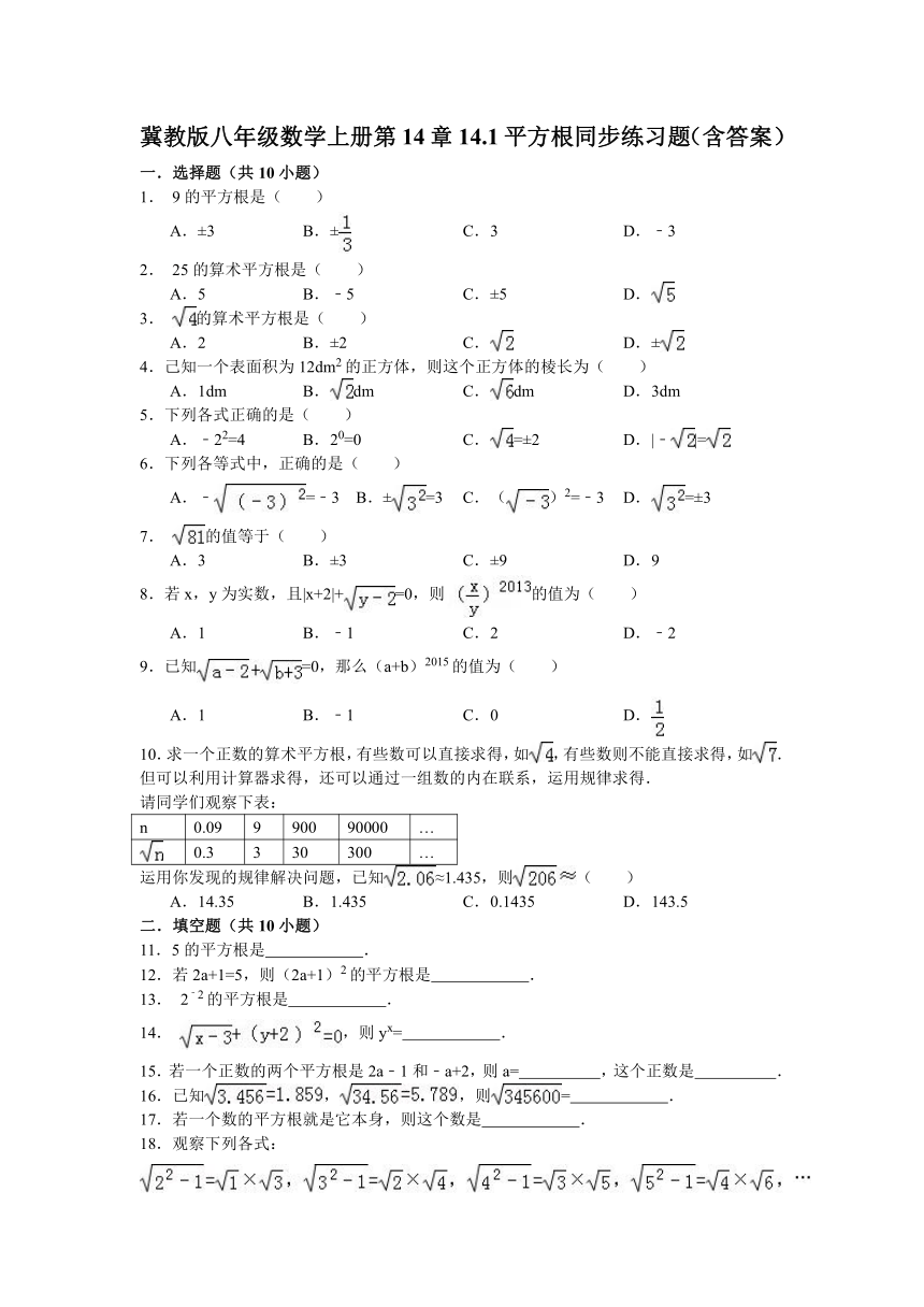 冀教版八年级数学上册第14章14.1平方根同步练习题（含答案）