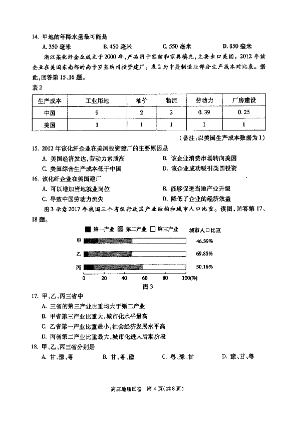 北京市朝阳区2019届高三上学期期末质量检测 地理试题（扫描版含答案）