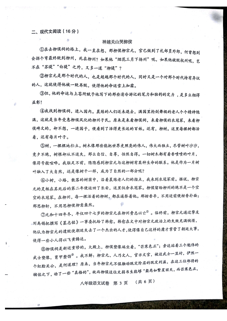 浙江省嵊州市2016-2017学年八年级下学期期末考试语文试题（pdf版,暂无答案）