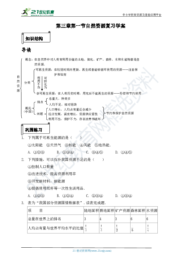 第三章第一节 自然资源 复习学案