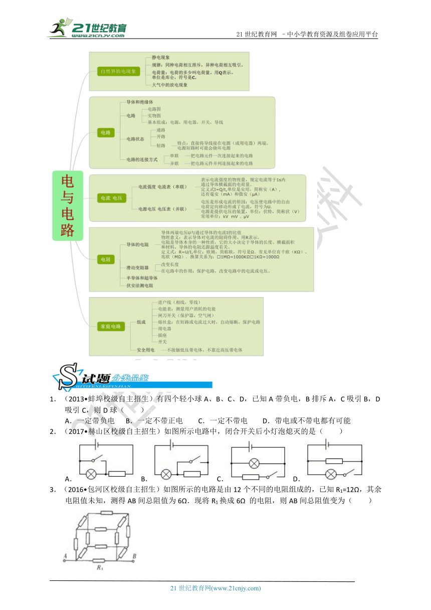 【备考】华师大版科学中考二轮复习 第十一讲 电与电路 电流 电压 电阻（真题+模拟题）