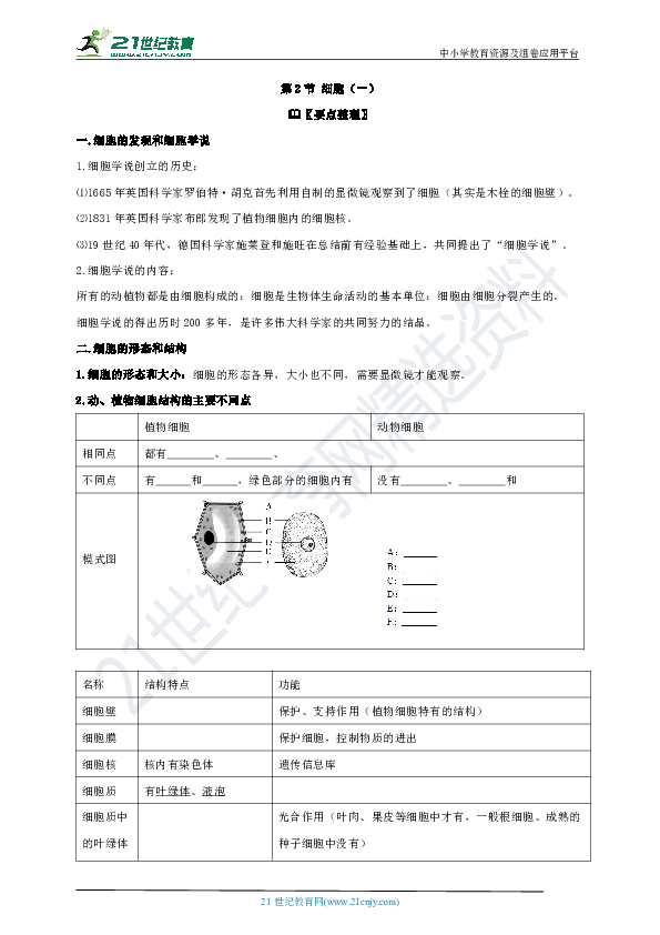 2.2细胞的结构与功能学案1（含答案）